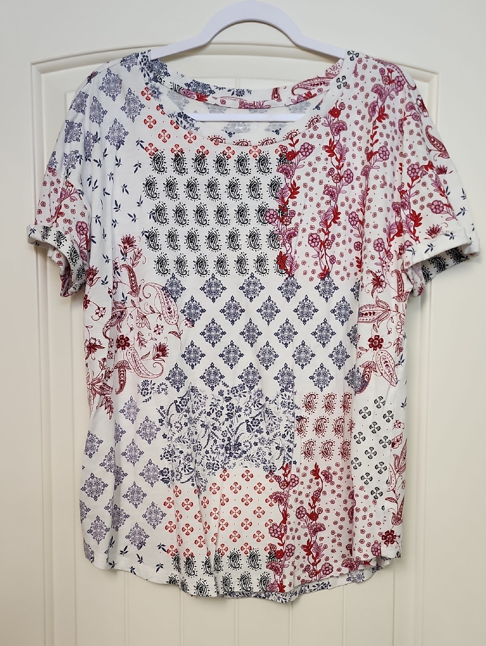White Short Sleeve Patchwork Print Tee with Red and Blue Accents
